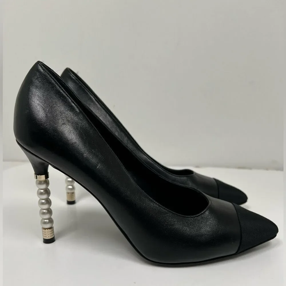 CHANEL  Lambskin Grosgrain Cap Toe Pearl Pumps 39.5 Black